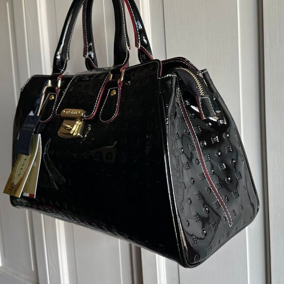 NWT $370 ARCADIA TERESA LARGE TOP HANDLE BLACK PATENT LEATHER SATCHEL